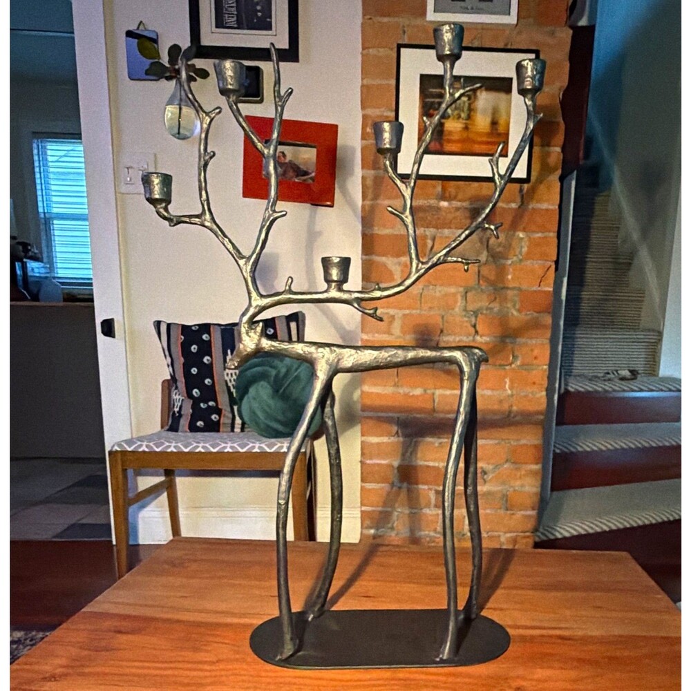 Pottery Barn Large Deer Tree Candelabra Metal Silver/Black Taper Candle Holder